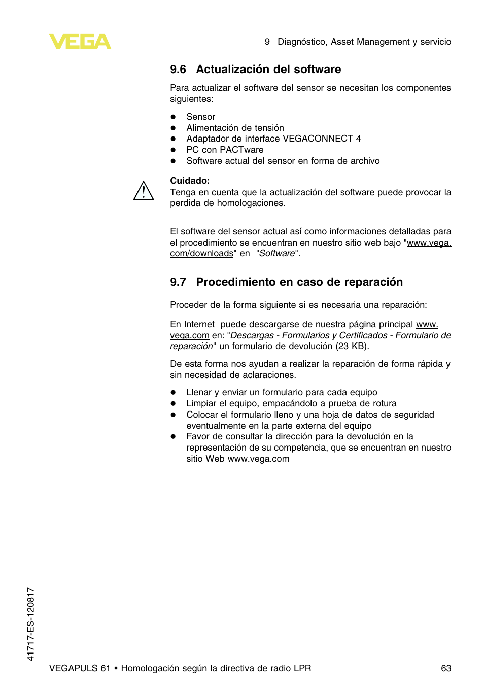 6 actualización del software, 7 procedimiento en caso de reparación, 6 a ctualización del software | 7 p rocedimiento en caso de reparación | VEGA VEGAPULS 61 (≥ 2.0.0 - ≥ 4.0.0) Modbus and Levelmaster protocol Approval according to LPR radio standard User Manual | Page 63 / 100