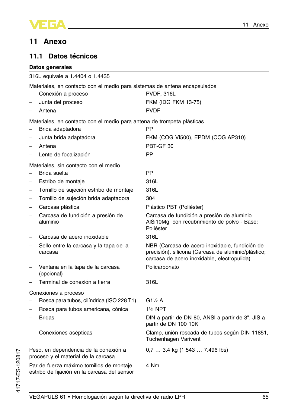 11 anexo, 1 datos técnicos, 11 .1 d atos técnicos | VEGA VEGAPULS 61 (≥ 2.0.0 - ≥ 4.0.0) Modbus and Levelmaster protocol Approval according to LPR radio standard User Manual | Page 65 / 100