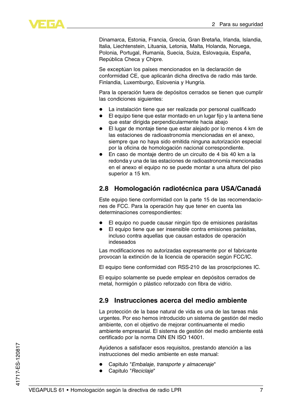 8 homologación radiotécnica para usa/canadá, 9 instrucciones acerca del medio ambiente, 8 h omologación radiotécnica para usa/canadá | 9 i nstrucciones acerca del medio ambiente | VEGA VEGAPULS 61 (≥ 2.0.0 - ≥ 4.0.0) Modbus and Levelmaster protocol Approval according to LPR radio standard User Manual | Page 7 / 100