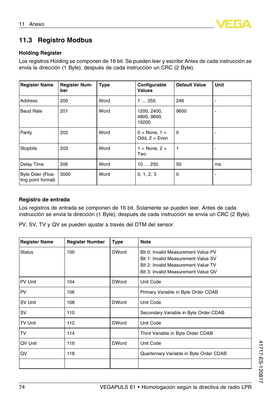 11 .3 r egistro modbus | VEGA VEGAPULS 61 (≥ 2.0.0 - ≥ 4.0.0) Modbus and Levelmaster protocol Approval according to LPR radio standard User Manual | Page 74 / 100