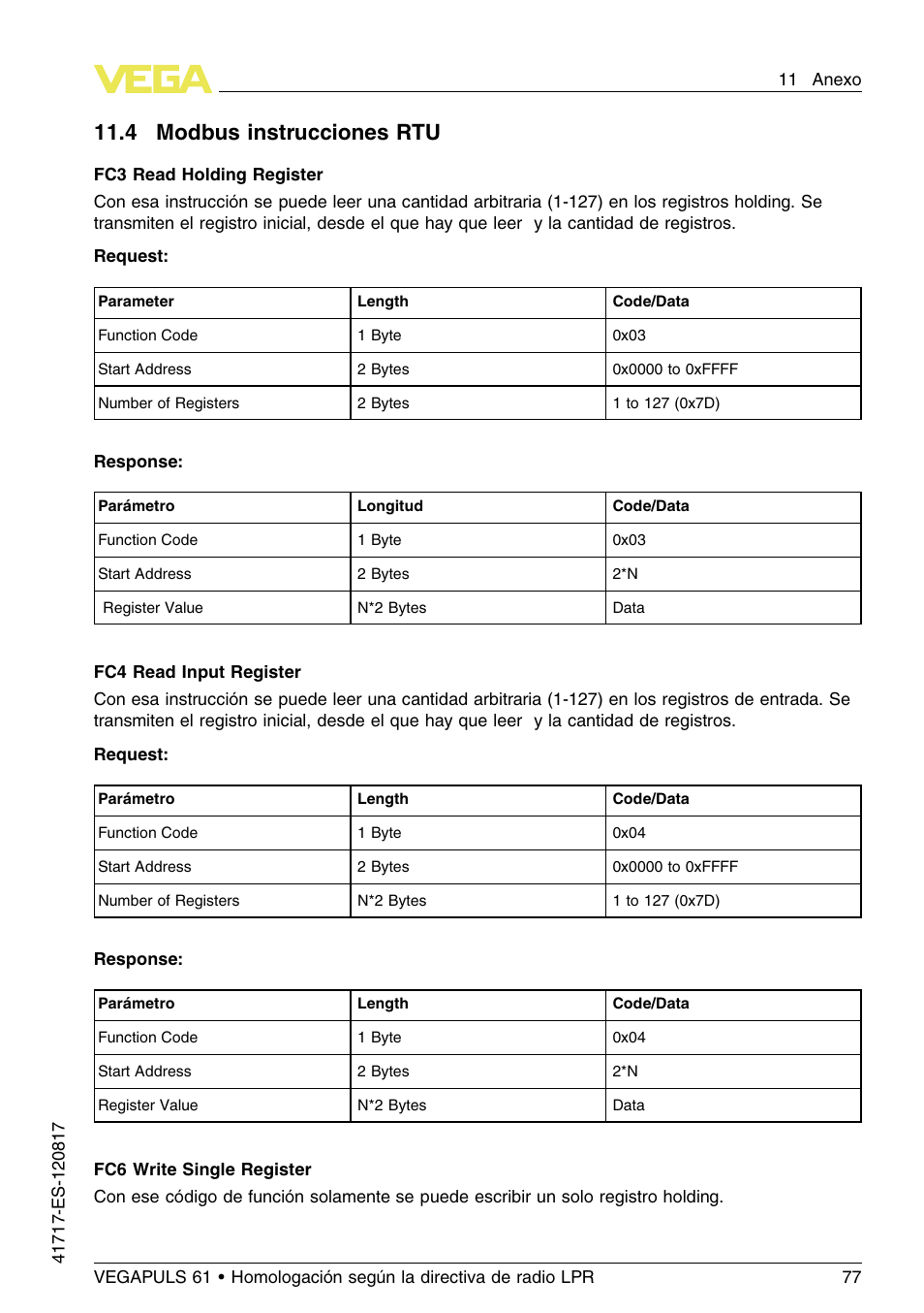11 .4 m odbus instrucciones rtu | VEGA VEGAPULS 61 (≥ 2.0.0 - ≥ 4.0.0) Modbus and Levelmaster protocol Approval according to LPR radio standard User Manual | Page 77 / 100