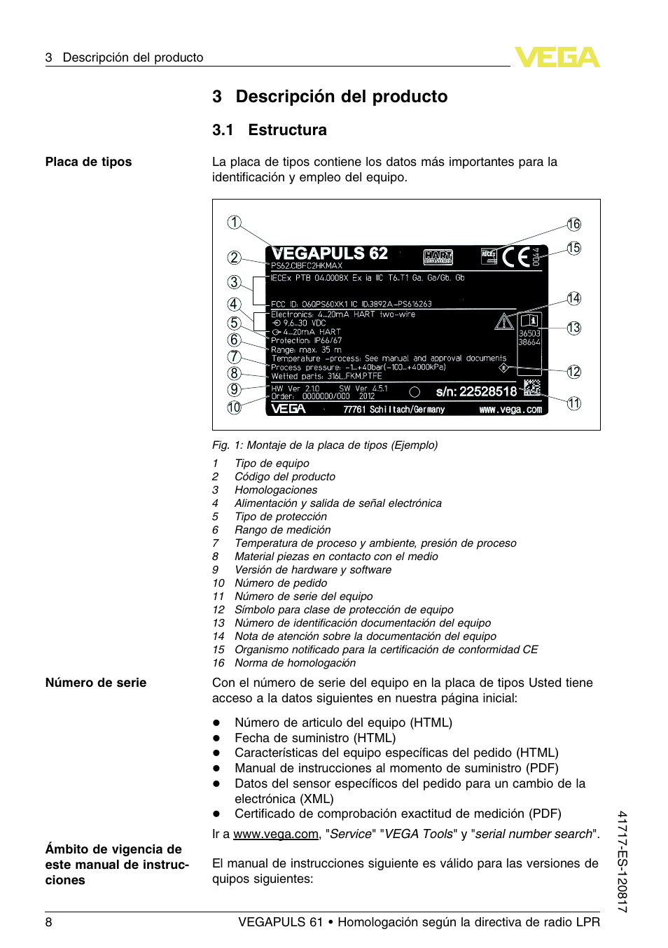3 descripción del producto, 1 estructura, 3descripción del producto | 1 e structura | VEGA VEGAPULS 61 (≥ 2.0.0 - ≥ 4.0.0) Modbus and Levelmaster protocol Approval according to LPR radio standard User Manual | Page 8 / 100