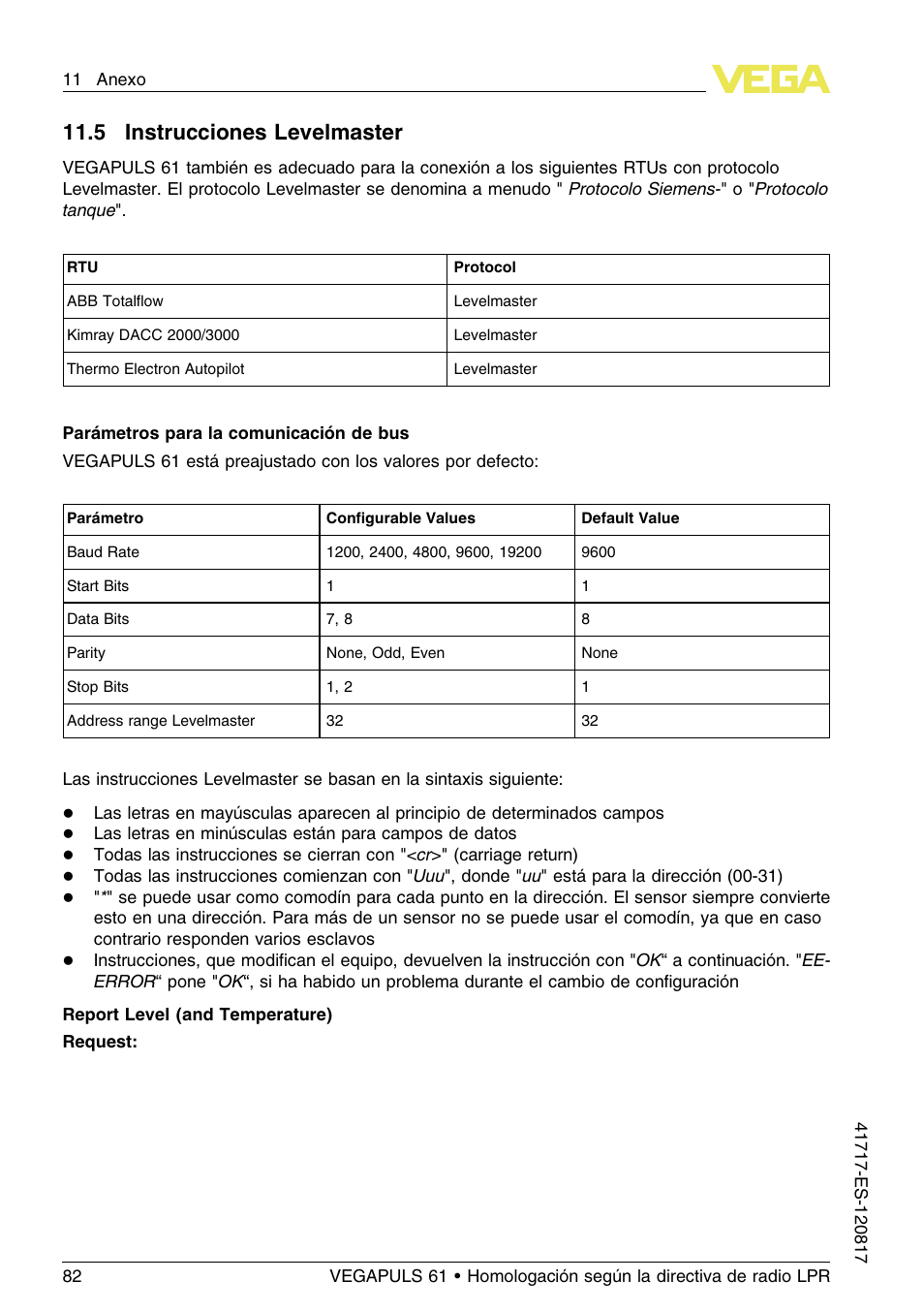 5 instrucciones levelmaster, 11 .5 i nstrucciones levelmaster | VEGA VEGAPULS 61 (≥ 2.0.0 - ≥ 4.0.0) Modbus and Levelmaster protocol Approval according to LPR radio standard User Manual | Page 82 / 100