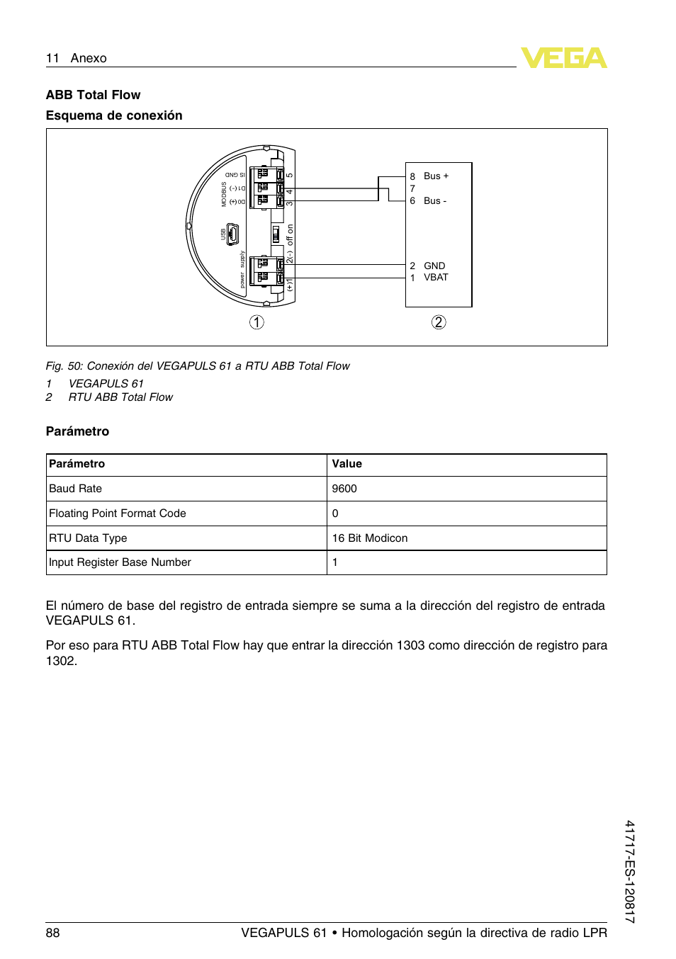 Abb total flow esquema de conexión, Parámetro | VEGA VEGAPULS 61 (≥ 2.0.0 - ≥ 4.0.0) Modbus and Levelmaster protocol Approval according to LPR radio standard User Manual | Page 88 / 100