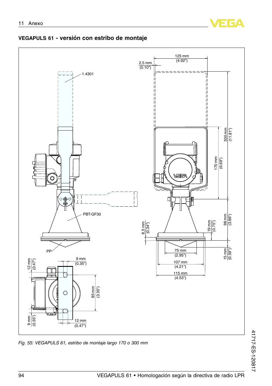 Versión con estribo de montaje, Vegapuls 61 | VEGA VEGAPULS 61 (≥ 2.0.0 - ≥ 4.0.0) Modbus and Levelmaster protocol Approval according to LPR radio standard User Manual | Page 94 / 100