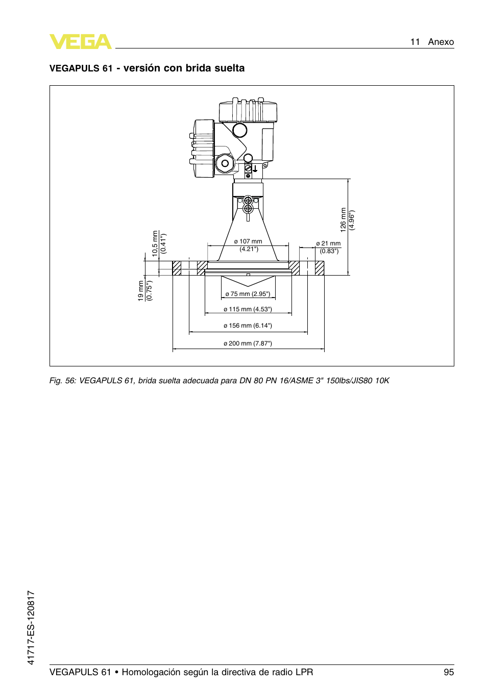 Versión con brida suelta | VEGA VEGAPULS 61 (≥ 2.0.0 - ≥ 4.0.0) Modbus and Levelmaster protocol Approval according to LPR radio standard User Manual | Page 95 / 100