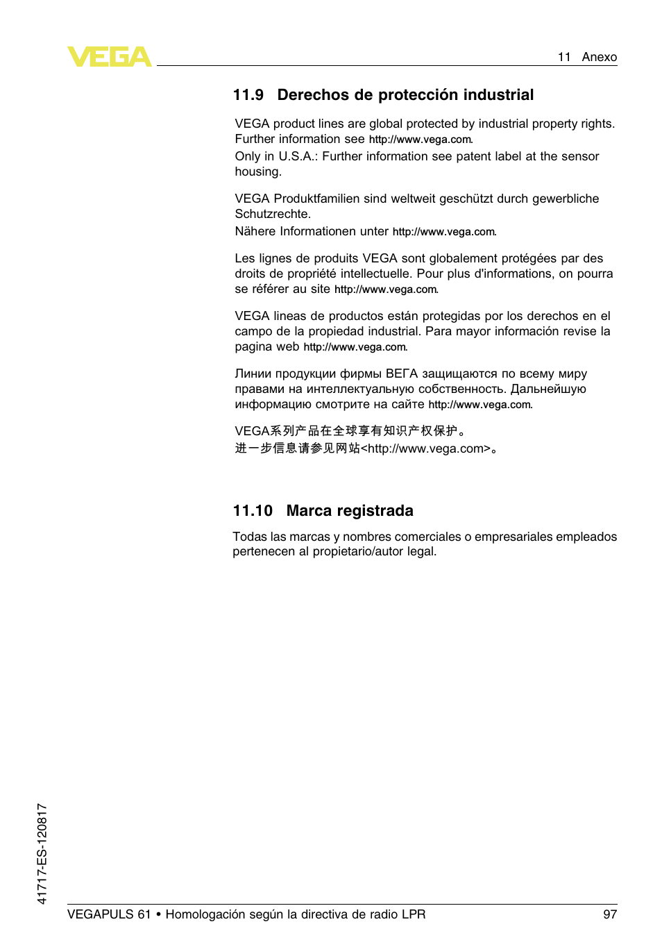 9 derechos de protección industrial, 10 marca registrada, 11 .9 d erechos de protección industrial | 11 .10 m arca registrada | VEGA VEGAPULS 61 (≥ 2.0.0 - ≥ 4.0.0) Modbus and Levelmaster protocol Approval according to LPR radio standard User Manual | Page 97 / 100