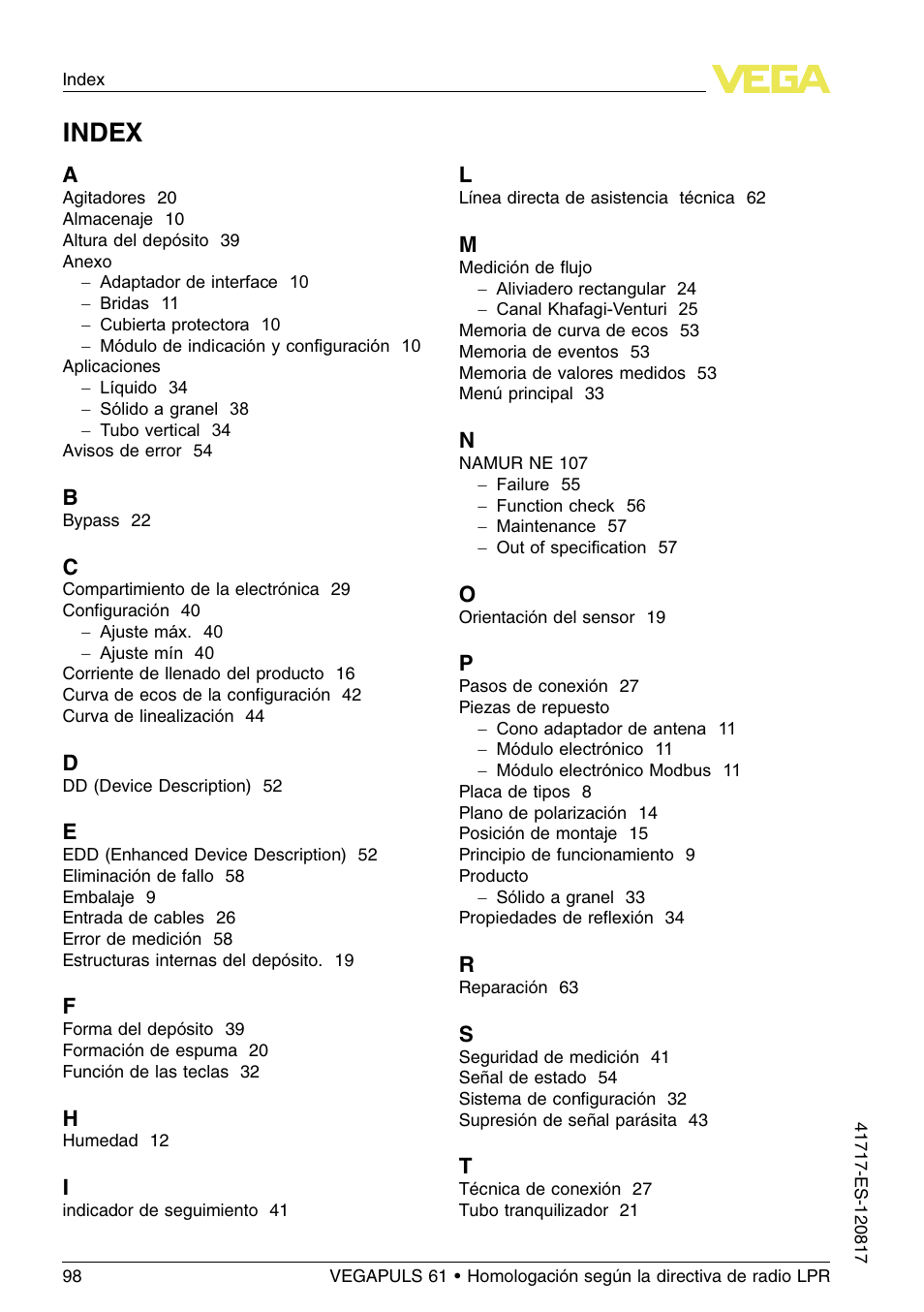 Index | VEGA VEGAPULS 61 (≥ 2.0.0 - ≥ 4.0.0) Modbus and Levelmaster protocol Approval according to LPR radio standard User Manual | Page 98 / 100