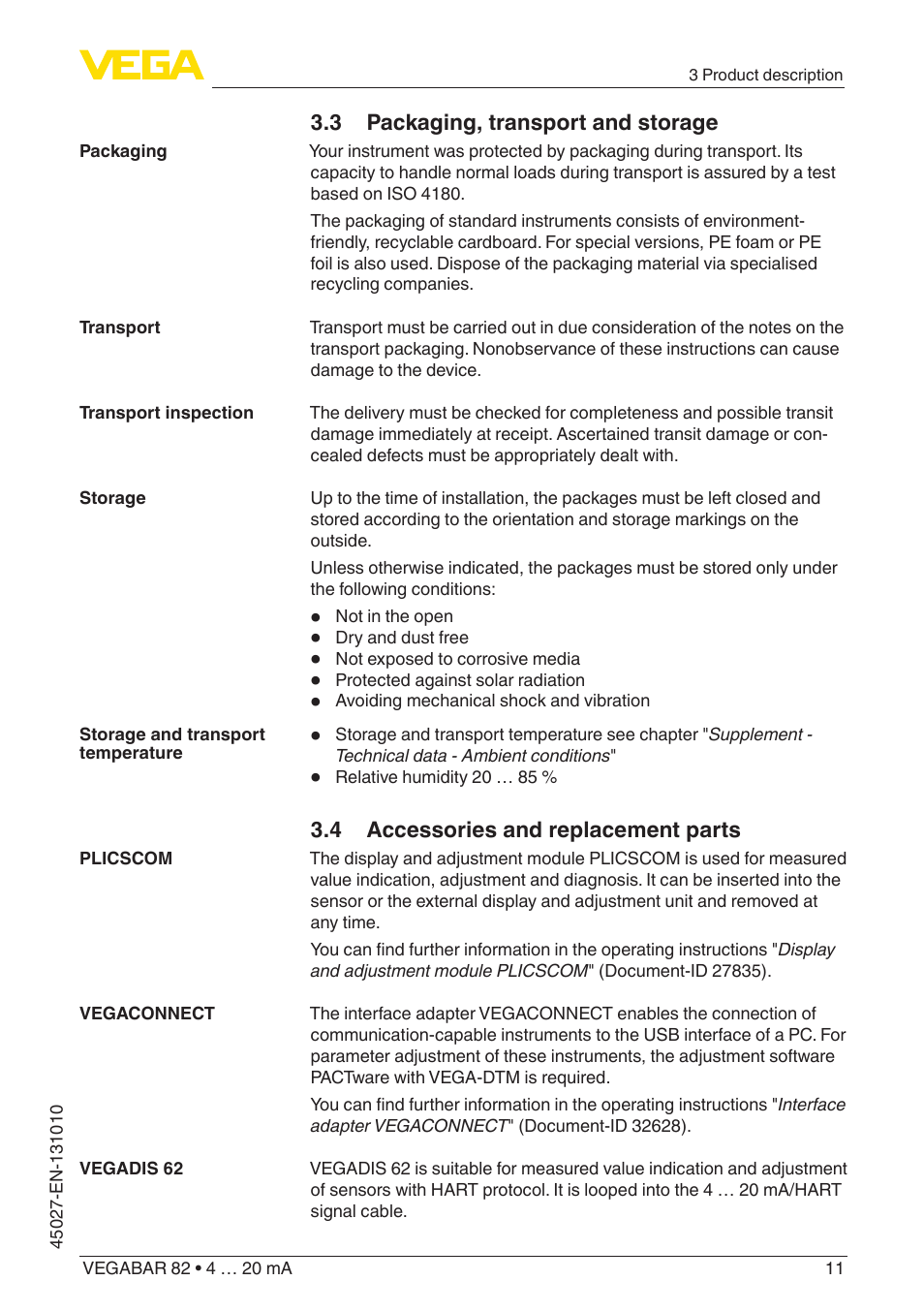 3 packaging, transport and storage, 4 accessories and replacement parts | VEGA VEGABAR 82 4 … 20 mA - Operating Instructions User Manual | Page 11 / 76