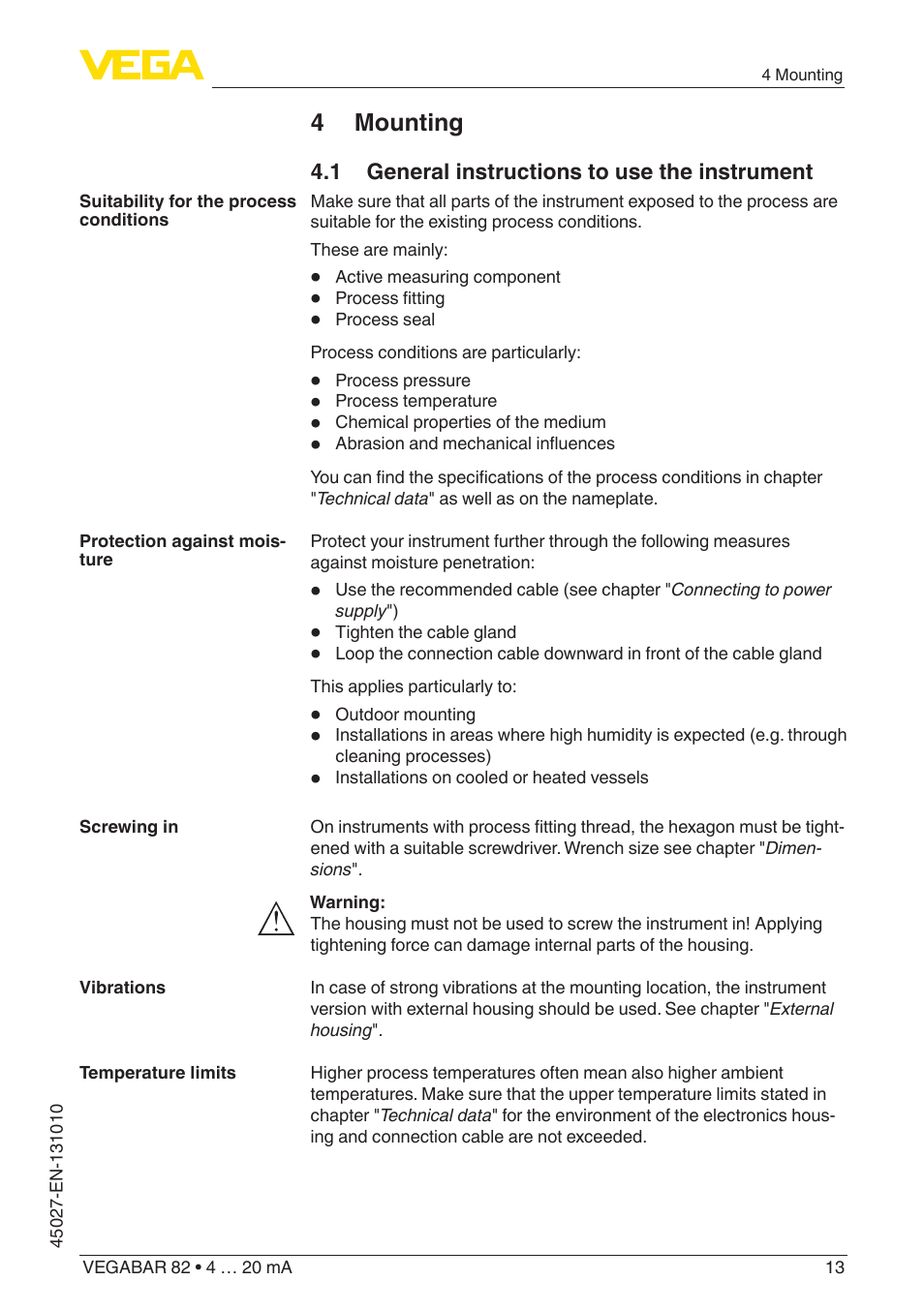 4 mounting, 1 general instructions to use the instrument | VEGA VEGABAR 82 4 … 20 mA - Operating Instructions User Manual | Page 13 / 76