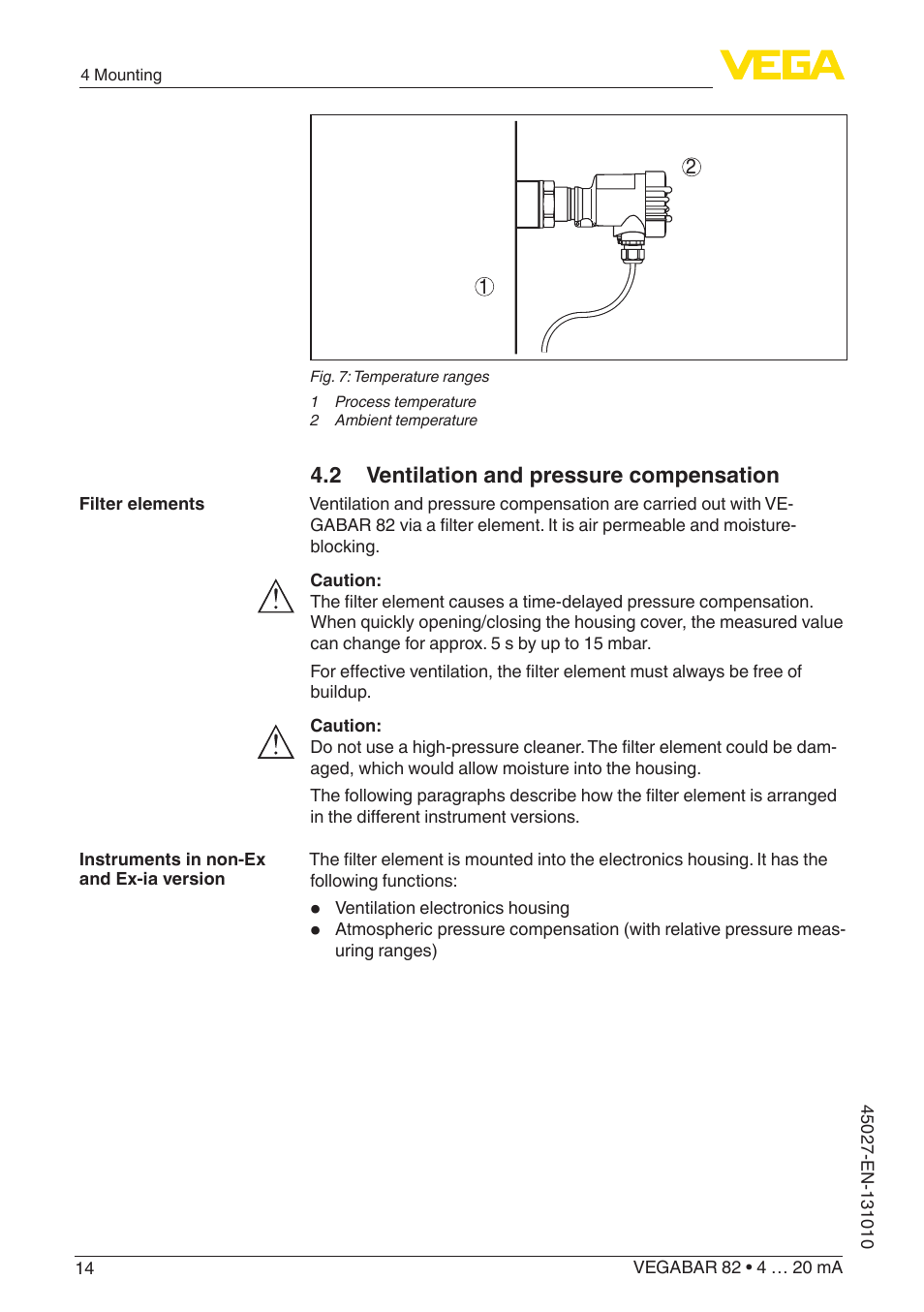 2 ventilation and pressure compensation | VEGA VEGABAR 82 4 … 20 mA - Operating Instructions User Manual | Page 14 / 76