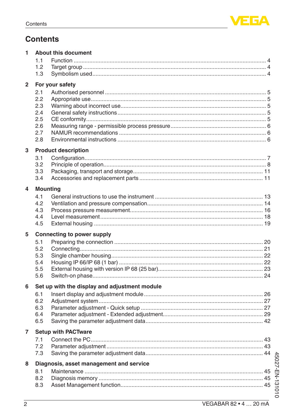 VEGA VEGABAR 82 4 … 20 mA - Operating Instructions User Manual | Page 2 / 76