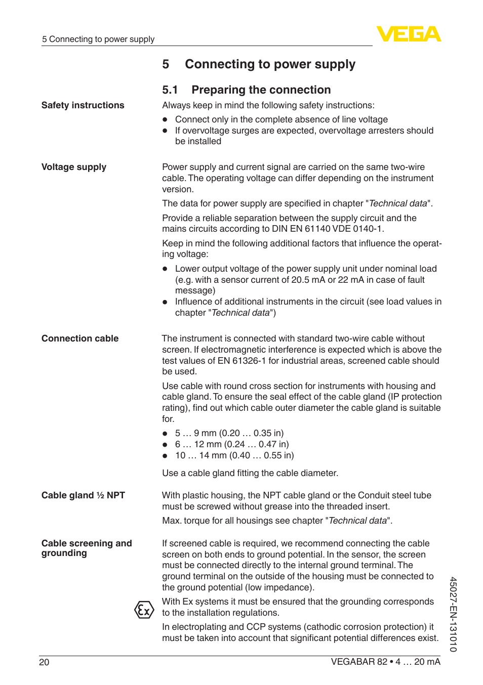 5 connecting to power supply, 1 preparing the connection | VEGA VEGABAR 82 4 … 20 mA - Operating Instructions User Manual | Page 20 / 76