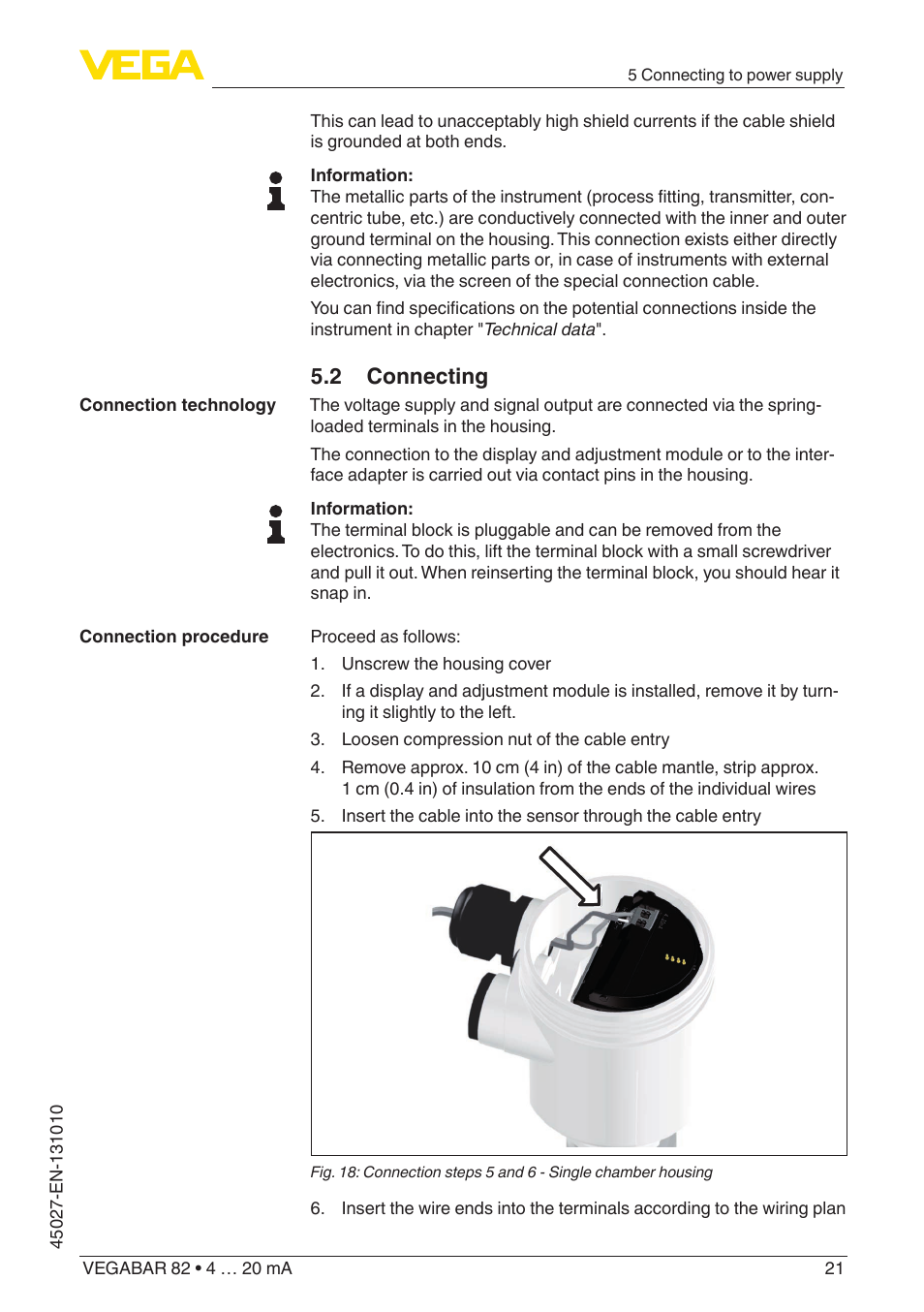 2 connecting | VEGA VEGABAR 82 4 … 20 mA - Operating Instructions User Manual | Page 21 / 76