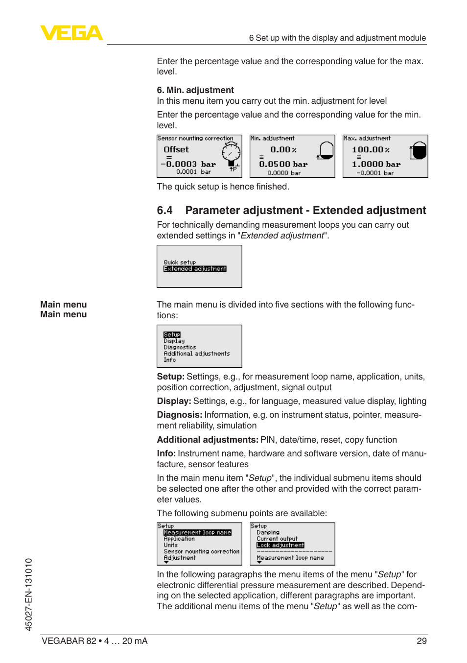 4 parameter adjustment - extended adjustment | VEGA VEGABAR 82 4 … 20 mA - Operating Instructions User Manual | Page 29 / 76