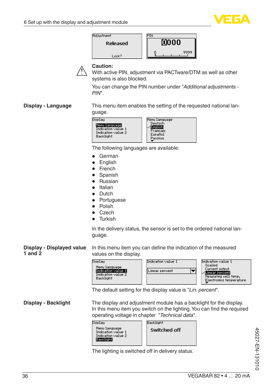 VEGA VEGABAR 82 4 … 20 mA - Operating Instructions User Manual | Page 36 / 76