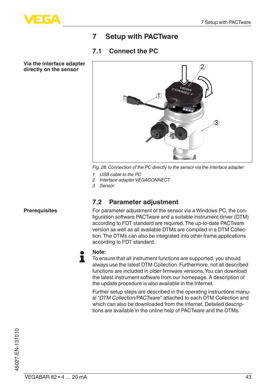 7 setup with pactware, 1 connect the pc, 2 parameter adjustment | VEGA VEGABAR 82 4 … 20 mA - Operating Instructions User Manual | Page 43 / 76