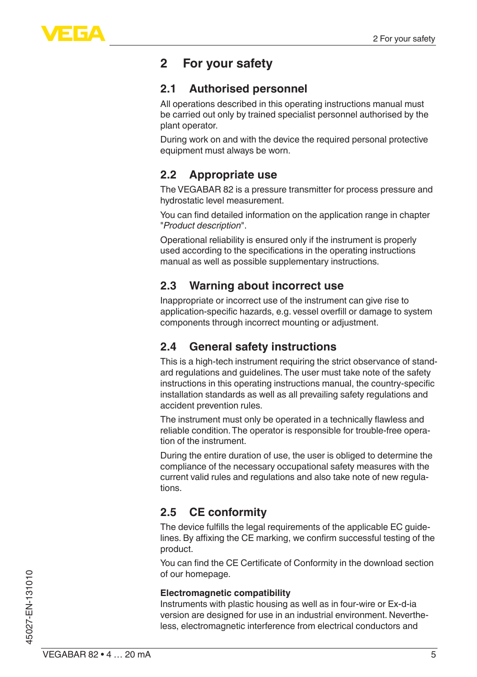 2 for your safety, 1 authorised personnel, 2 appropriate use | 3 warning about incorrect use, 4 general safety instructions, 5 ce conformity | VEGA VEGABAR 82 4 … 20 mA - Operating Instructions User Manual | Page 5 / 76