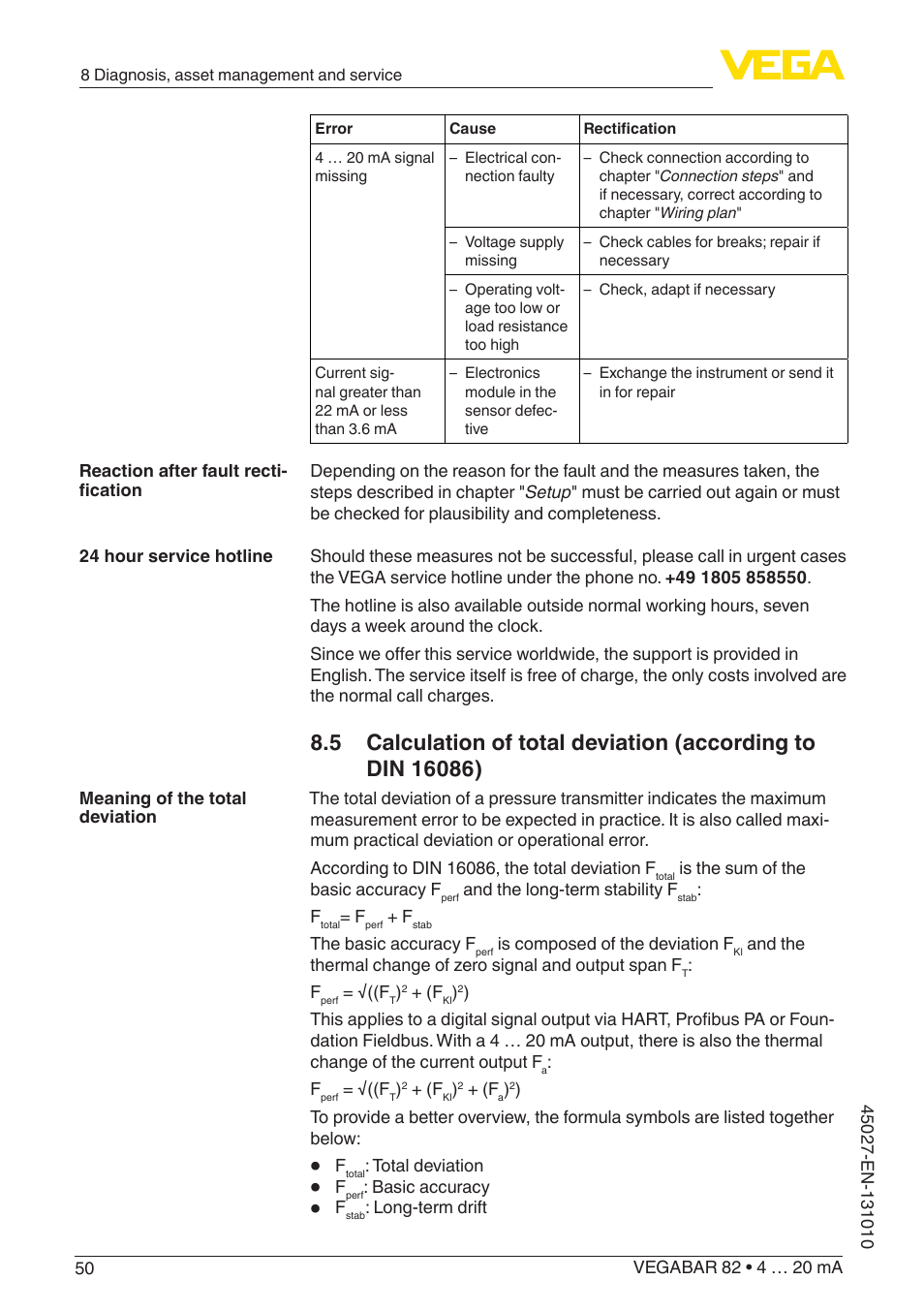 VEGA VEGABAR 82 4 … 20 mA - Operating Instructions User Manual | Page 50 / 76