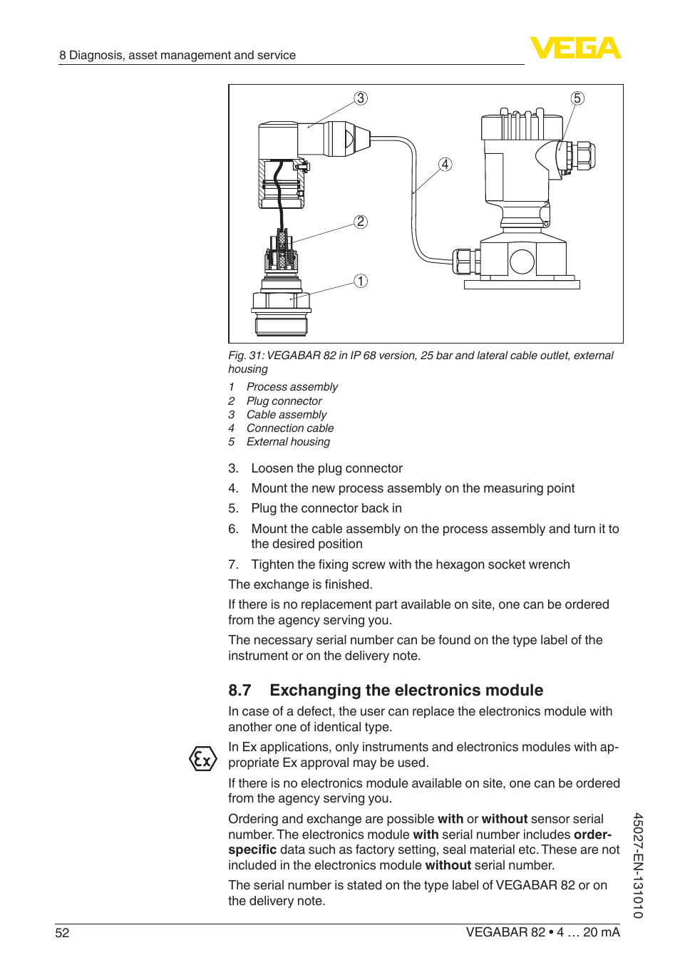 7 exchanging the electronics module | VEGA VEGABAR 82 4 … 20 mA - Operating Instructions User Manual | Page 52 / 76