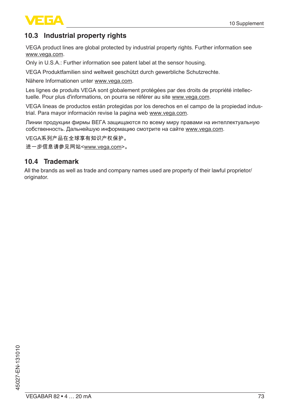 3 industrial property rights, 4 trademark | VEGA VEGABAR 82 4 … 20 mA - Operating Instructions User Manual | Page 73 / 76