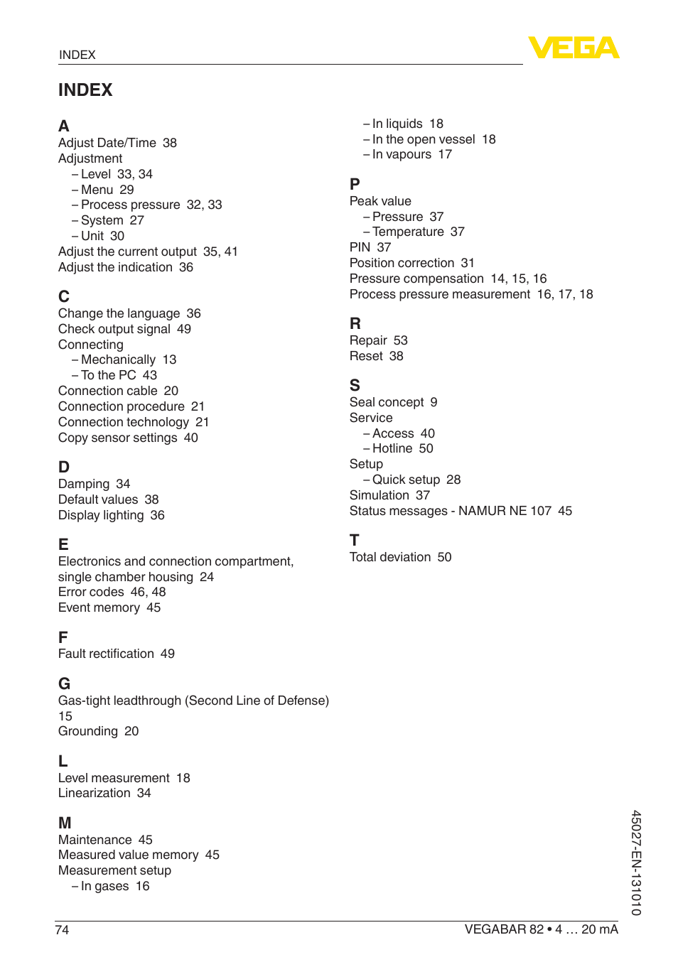 Index | VEGA VEGABAR 82 4 … 20 mA - Operating Instructions User Manual | Page 74 / 76