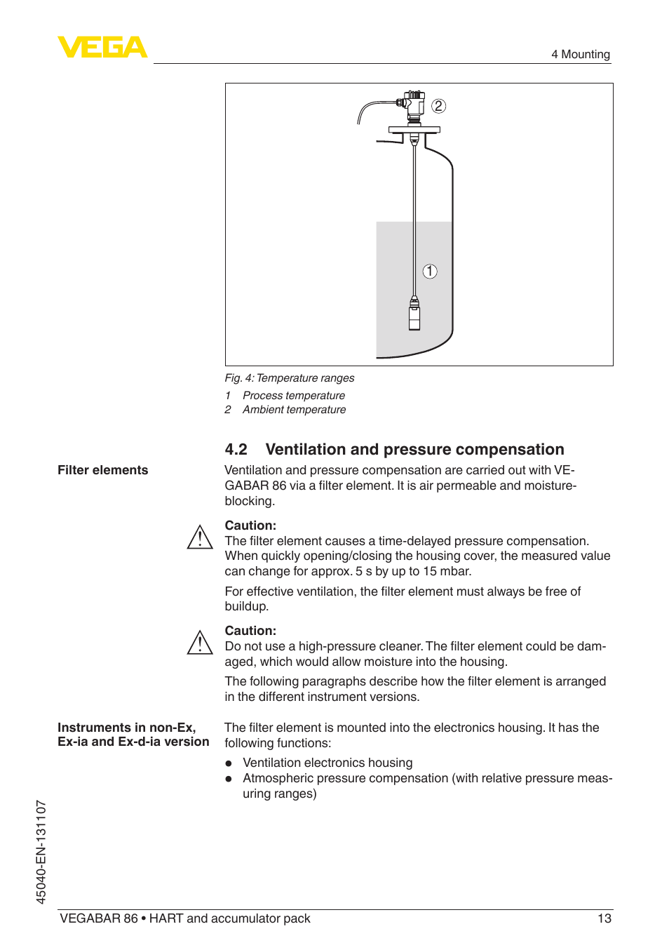 2 ventilation and pressure compensation | VEGA VEGABAR 86 HART and accumulator pack - Operating Instructions User Manual | Page 13 / 64