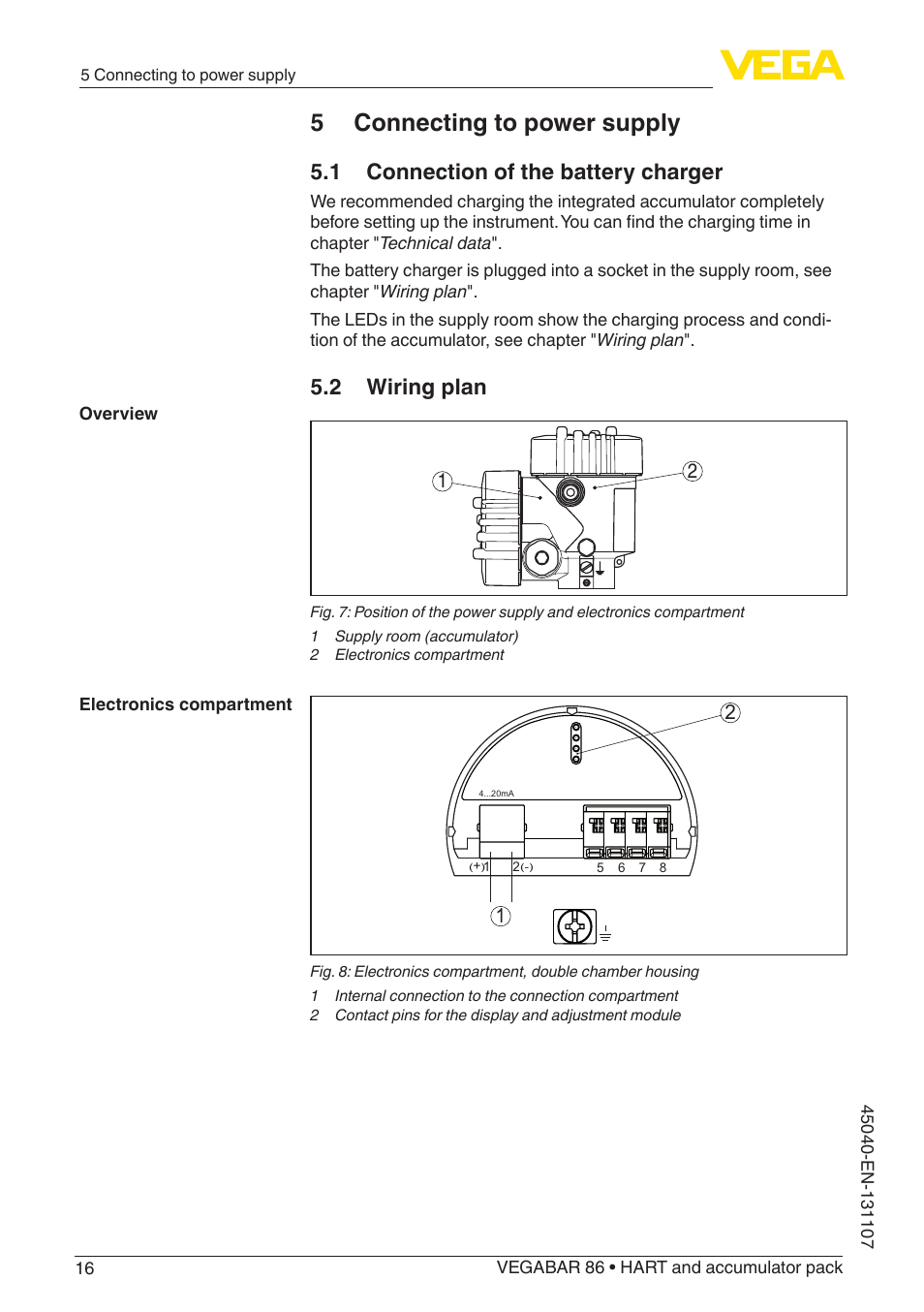 5 connecting to power supply, 1 connection of the battery charger, 2 wiring plan | VEGA VEGABAR 86 HART and accumulator pack - Operating Instructions User Manual | Page 16 / 64