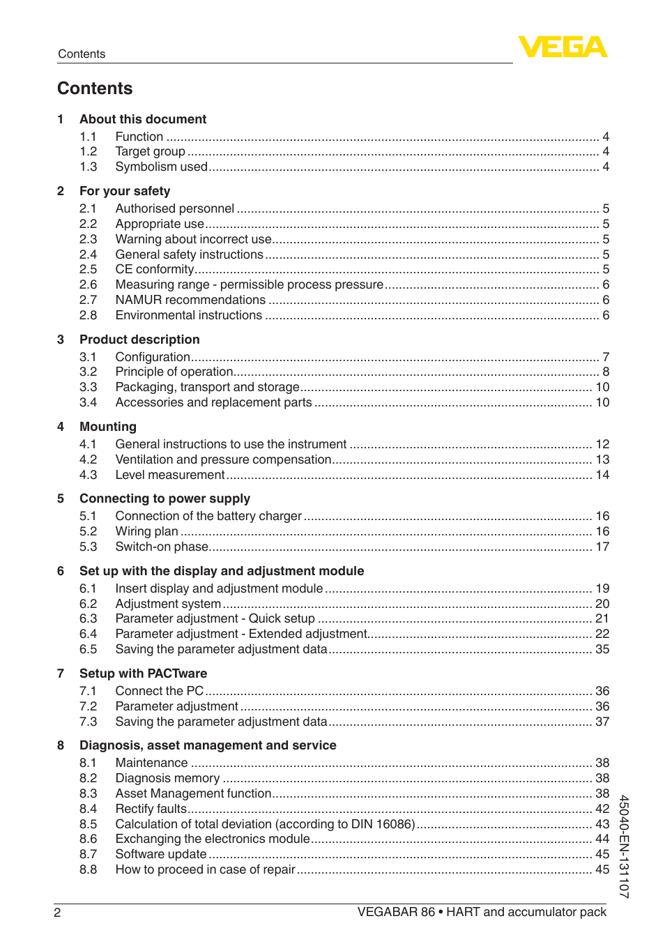 VEGA VEGABAR 86 HART and accumulator pack - Operating Instructions User Manual | Page 2 / 64
