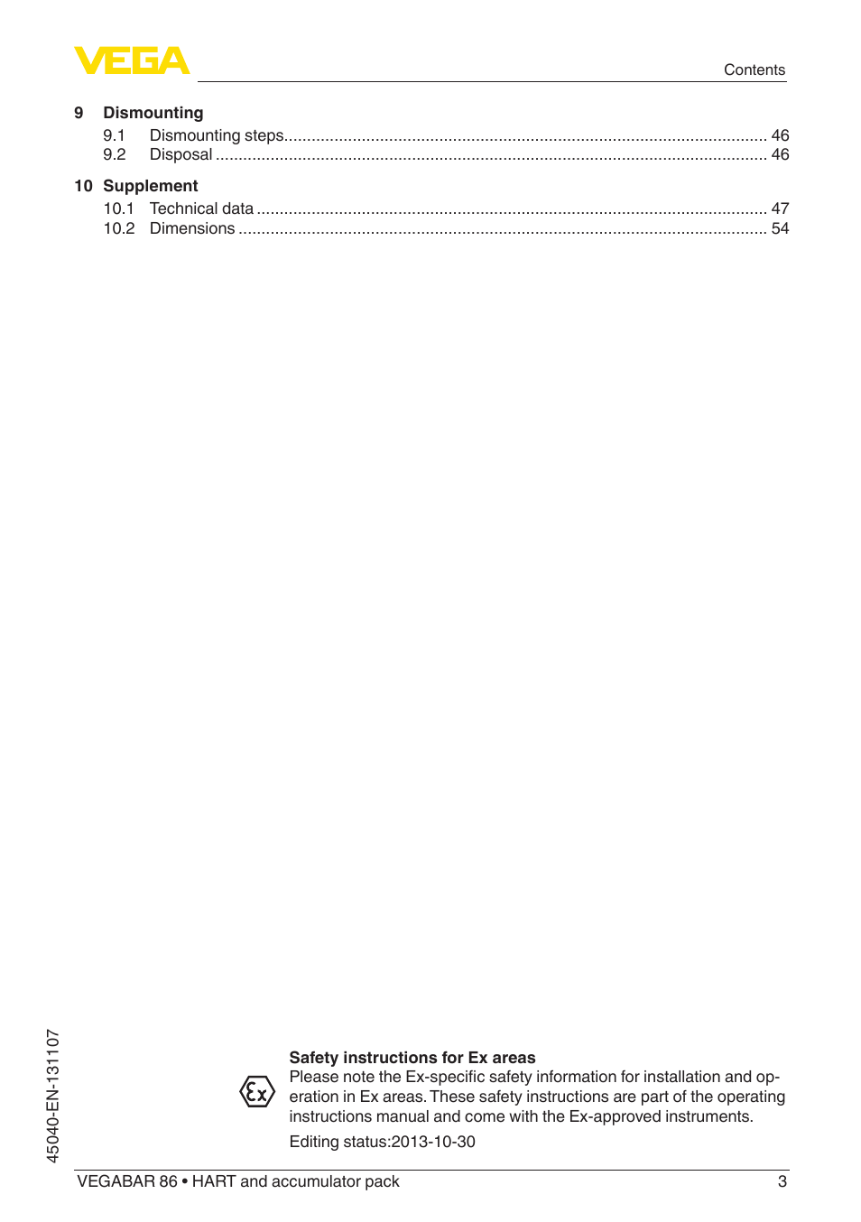 VEGA VEGABAR 86 HART and accumulator pack - Operating Instructions User Manual | Page 3 / 64