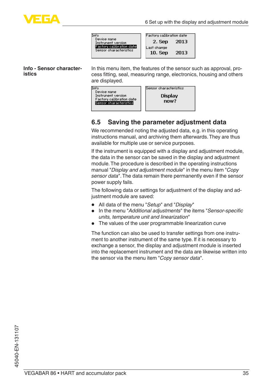 5 saving the parameter adjustment data | VEGA VEGABAR 86 HART and accumulator pack - Operating Instructions User Manual | Page 35 / 64