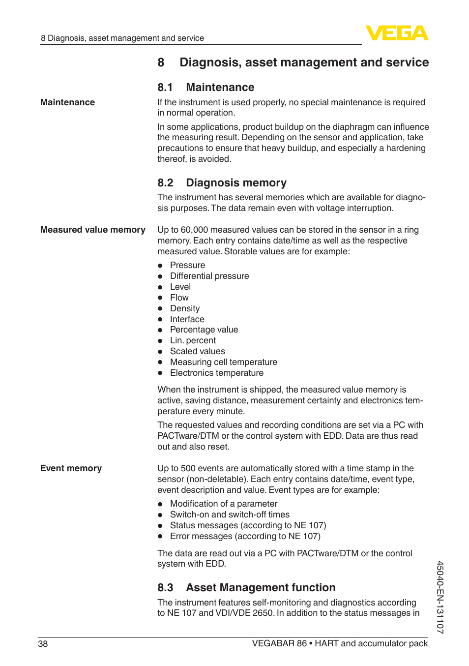 8 diagnosis, asset management and service, 1 maintenance, 2 diagnosis memory | 3 asset management function | VEGA VEGABAR 86 HART and accumulator pack - Operating Instructions User Manual | Page 38 / 64