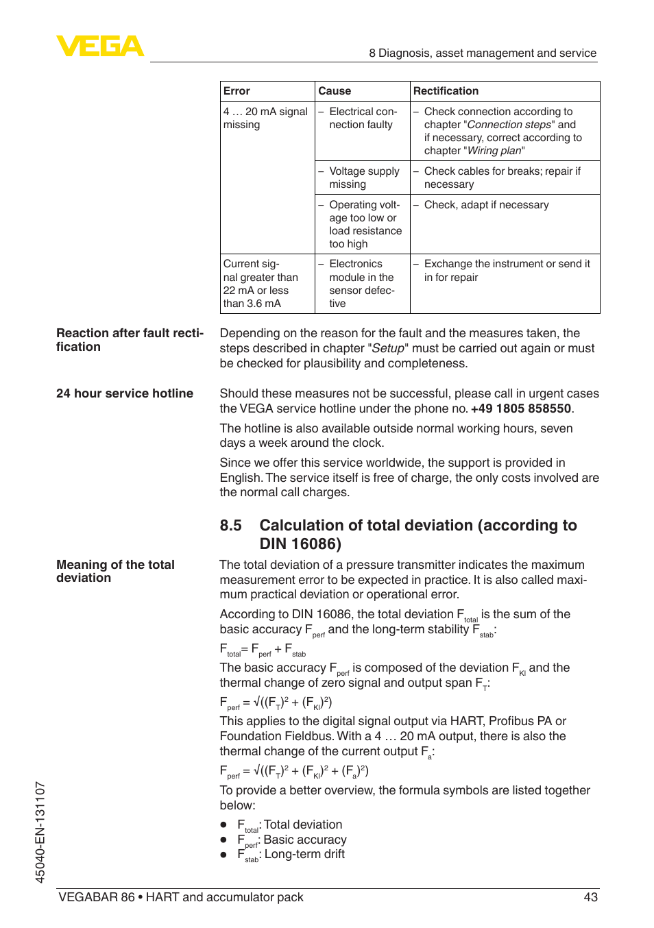 VEGA VEGABAR 86 HART and accumulator pack - Operating Instructions User Manual | Page 43 / 64