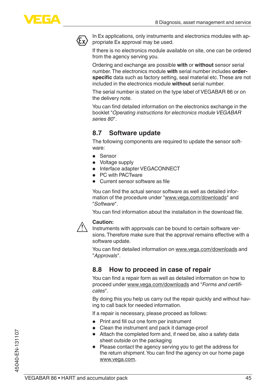 7 software update, 8 how to proceed in case of repair | VEGA VEGABAR 86 HART and accumulator pack - Operating Instructions User Manual | Page 45 / 64