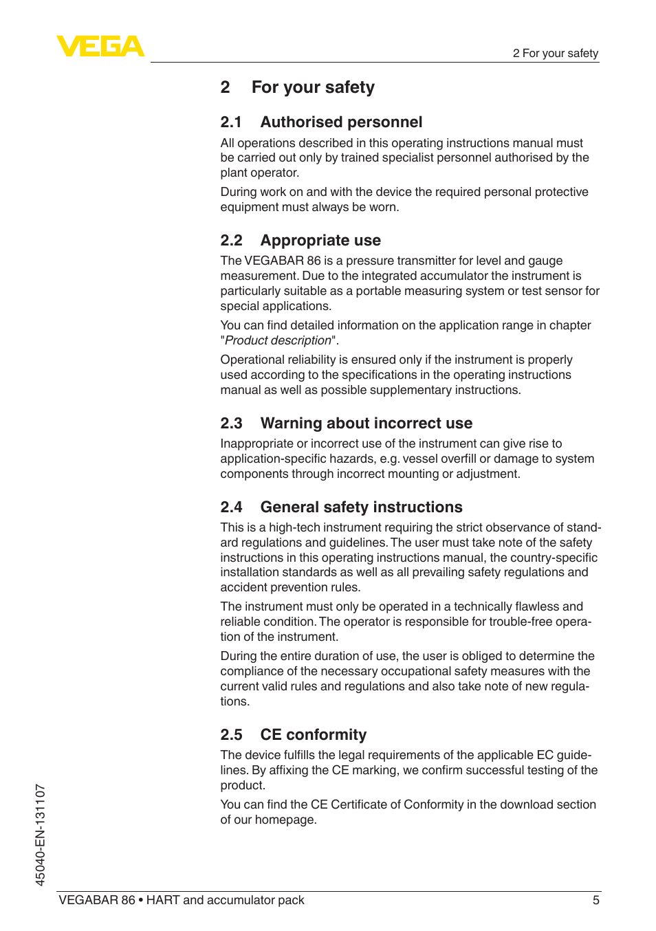 2 for your safety, 1 authorised personnel, 2 appropriate use | 3 warning about incorrect use, 4 general safety instructions, 5 ce conformity | VEGA VEGABAR 86 HART and accumulator pack - Operating Instructions User Manual | Page 5 / 64