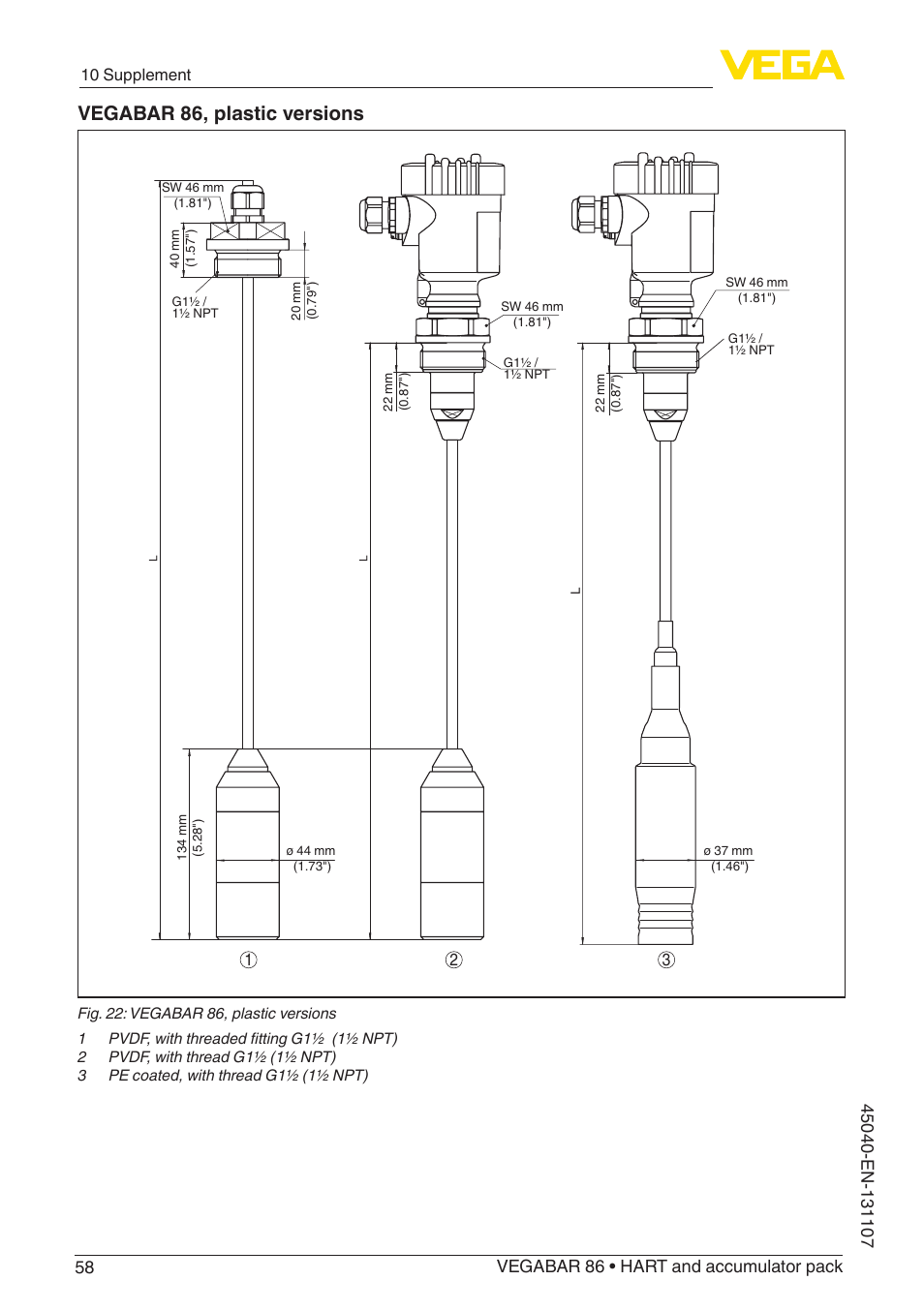 Vegabar 86, plastic versions | VEGA VEGABAR 86 HART and accumulator pack - Operating Instructions User Manual | Page 58 / 64