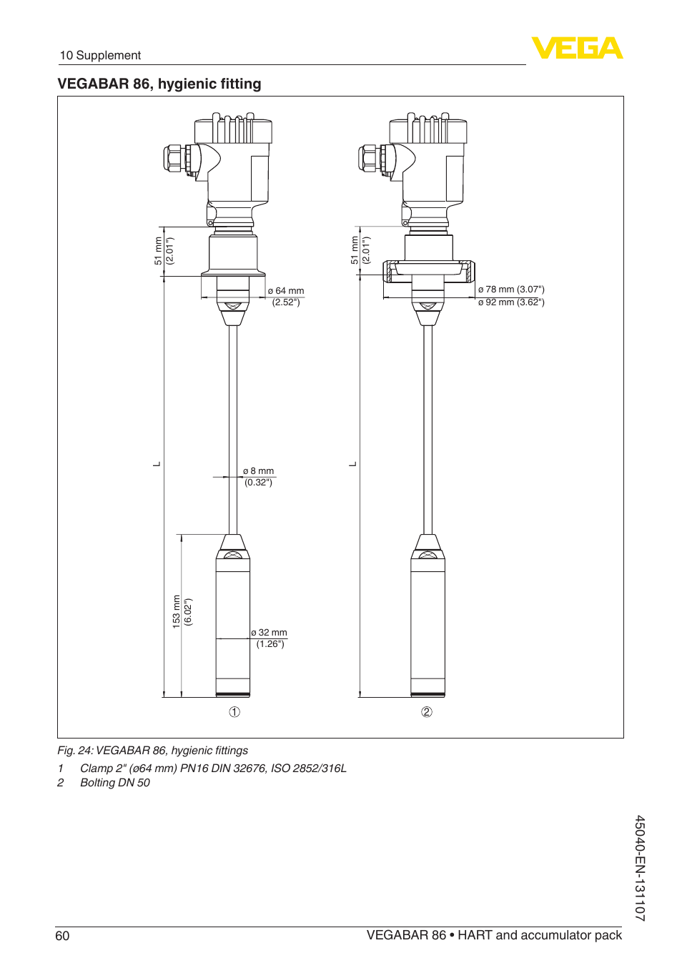 Vegabar 86, hygienic fitting | VEGA VEGABAR 86 HART and accumulator pack - Operating Instructions User Manual | Page 60 / 64