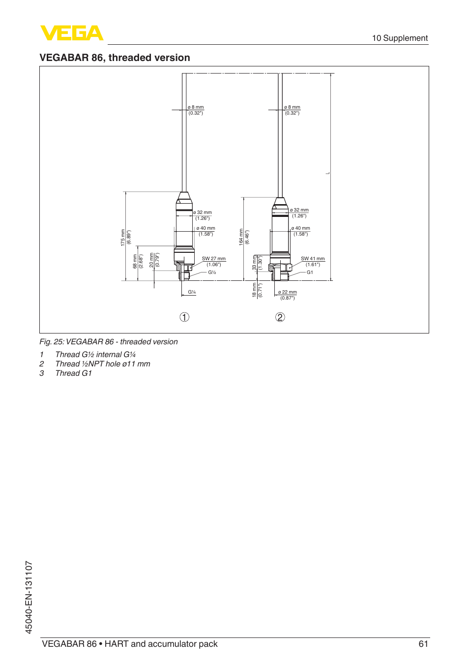 Vegabar 86, threaded version, 10 supplement | VEGA VEGABAR 86 HART and accumulator pack - Operating Instructions User Manual | Page 61 / 64