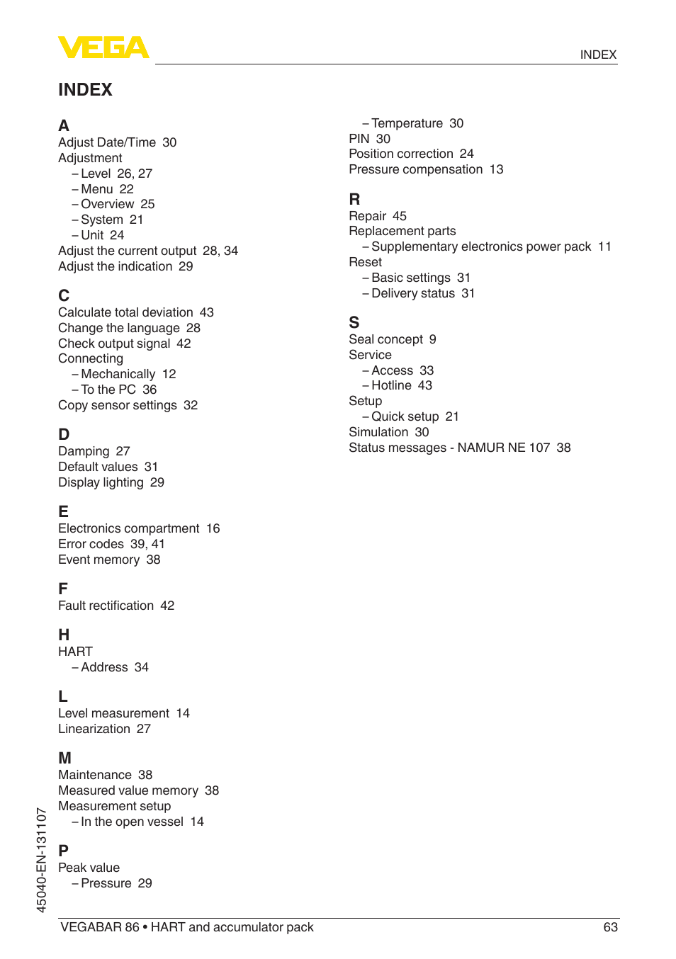 Index | VEGA VEGABAR 86 HART and accumulator pack - Operating Instructions User Manual | Page 63 / 64