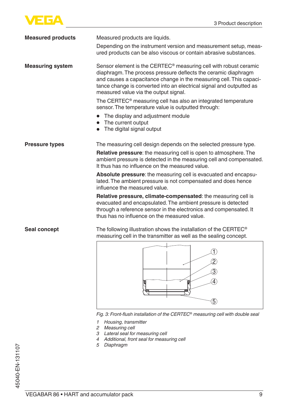 VEGA VEGABAR 86 HART and accumulator pack - Operating Instructions User Manual | Page 9 / 64