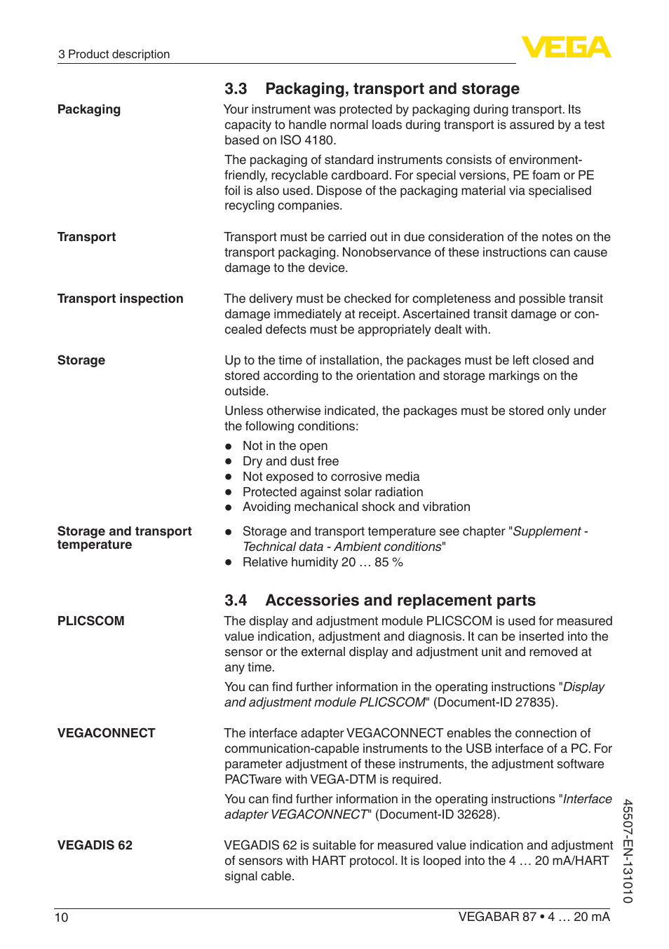 3 packaging, transport and storage, 4 accessories and replacement parts | VEGA VEGABAR 87 4 … 20 mA - Operating Instructions User Manual | Page 10 / 72