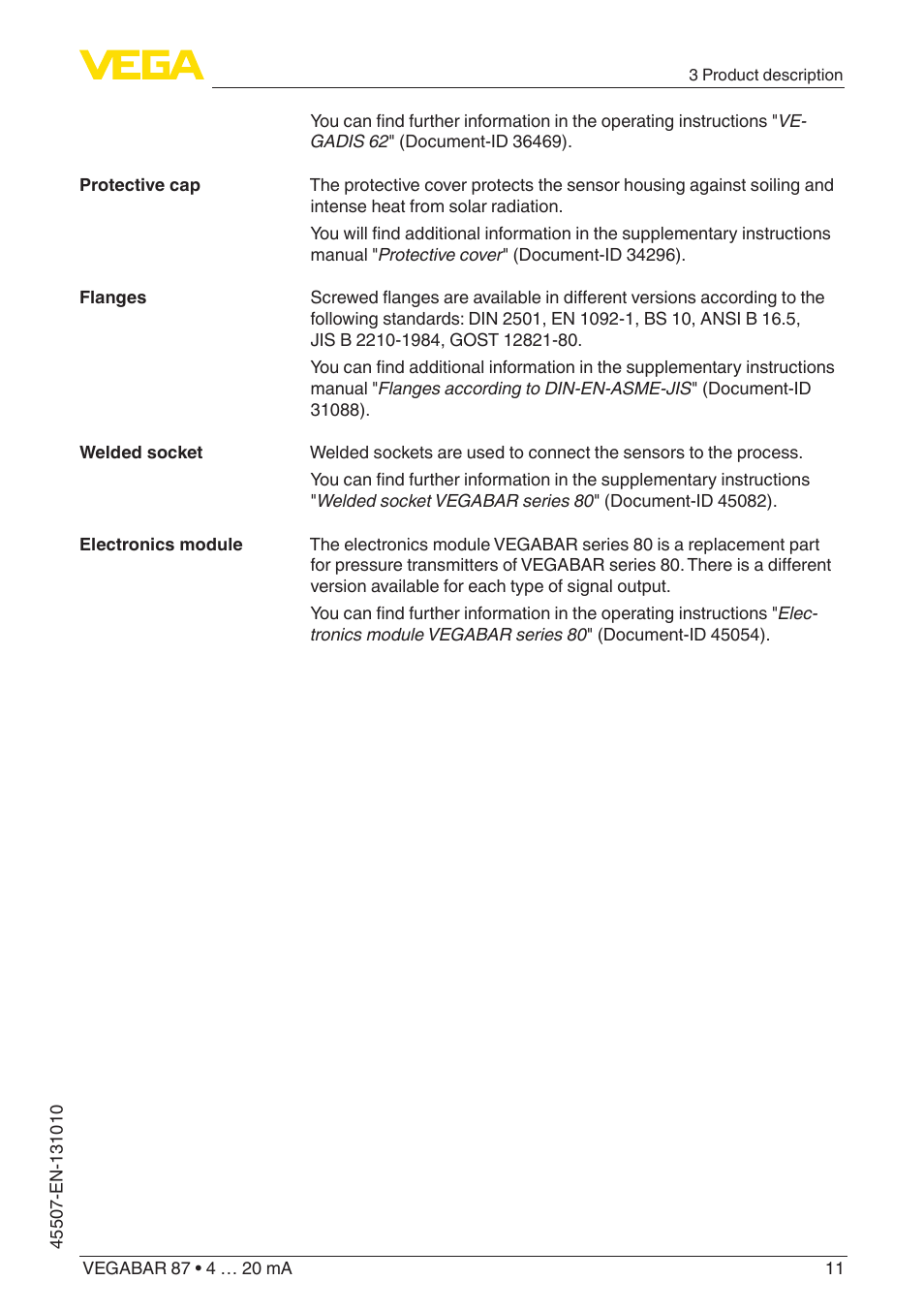 VEGA VEGABAR 87 4 … 20 mA - Operating Instructions User Manual | Page 11 / 72