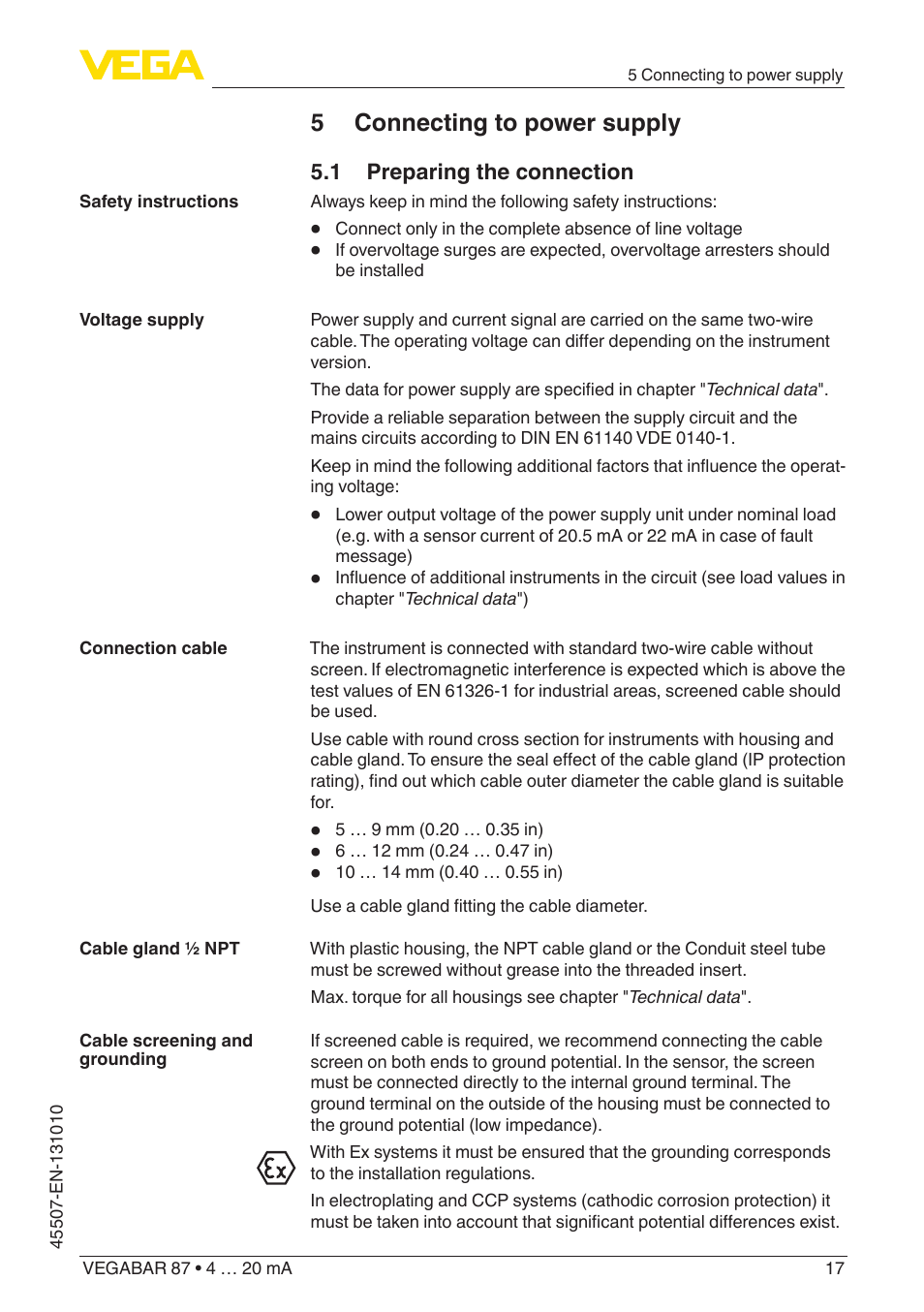 5 connecting to power supply, 1 preparing the connection | VEGA VEGABAR 87 4 … 20 mA - Operating Instructions User Manual | Page 17 / 72