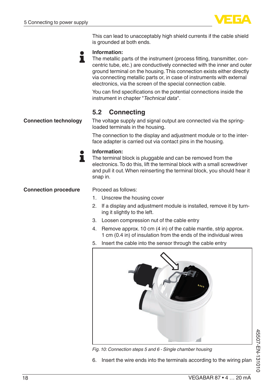 2 connecting | VEGA VEGABAR 87 4 … 20 mA - Operating Instructions User Manual | Page 18 / 72