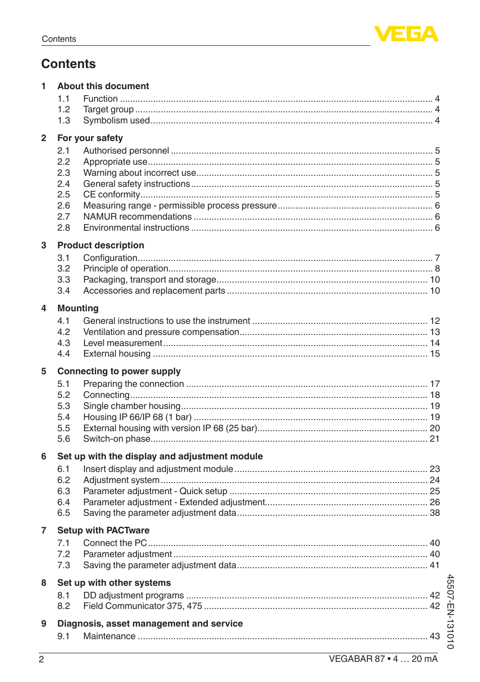 VEGA VEGABAR 87 4 … 20 mA - Operating Instructions User Manual | Page 2 / 72