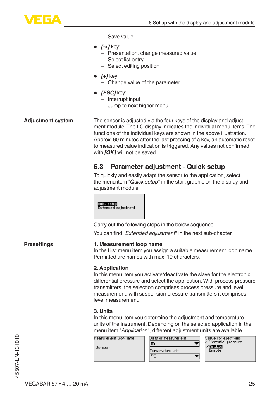 3 parameter adjustment - quick setup | VEGA VEGABAR 87 4 … 20 mA - Operating Instructions User Manual | Page 25 / 72