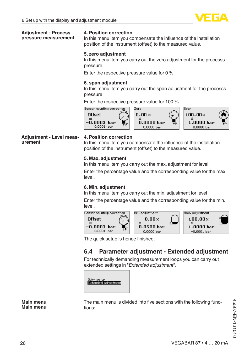 4 parameter adjustment - extended adjustment | VEGA VEGABAR 87 4 … 20 mA - Operating Instructions User Manual | Page 26 / 72