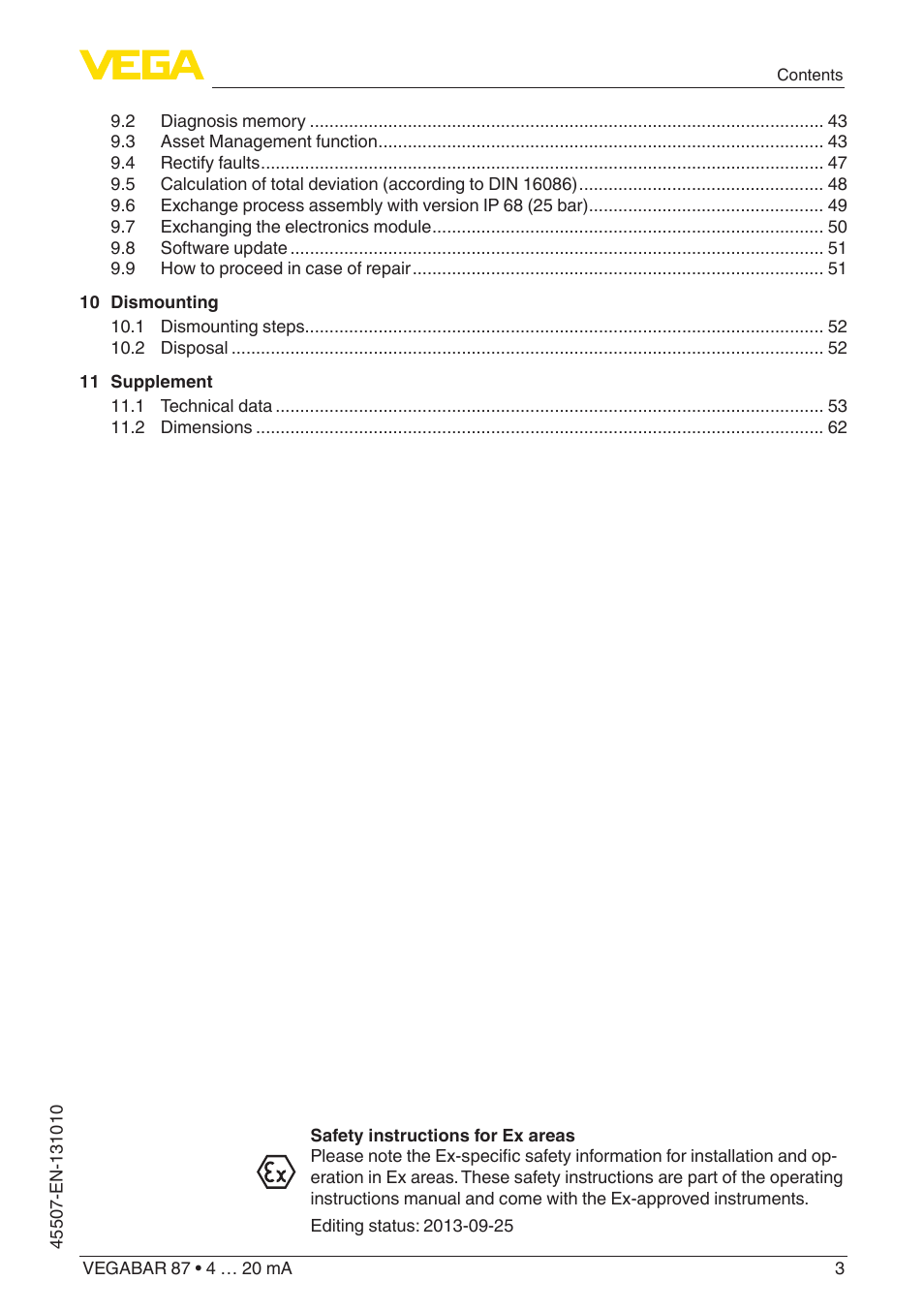 VEGA VEGABAR 87 4 … 20 mA - Operating Instructions User Manual | Page 3 / 72