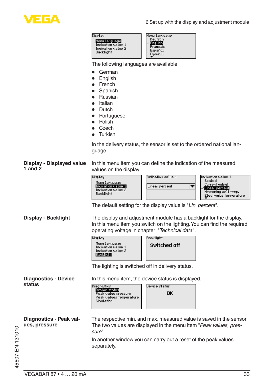 VEGA VEGABAR 87 4 … 20 mA - Operating Instructions User Manual | Page 33 / 72