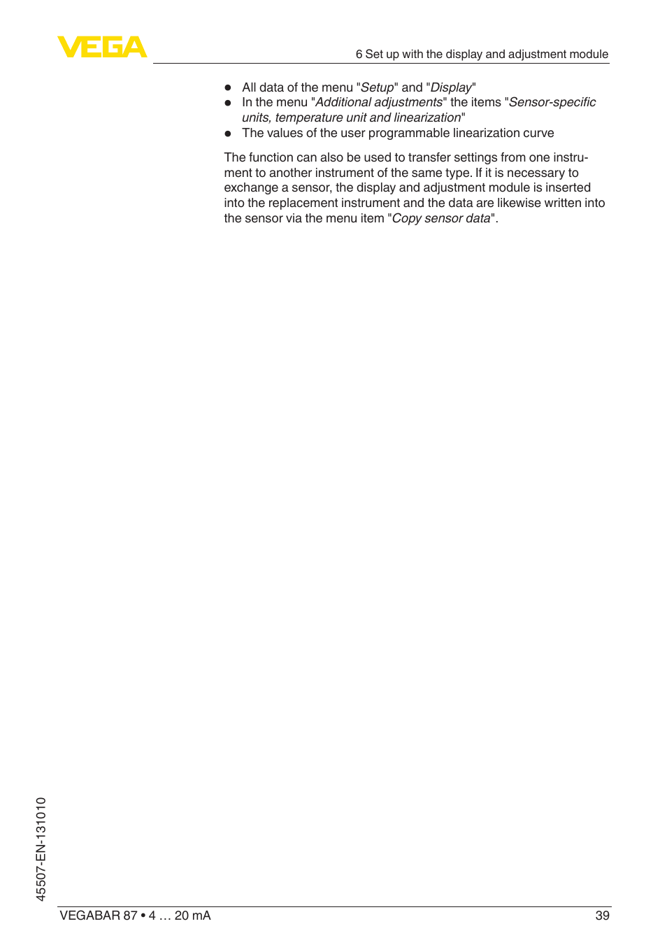 VEGA VEGABAR 87 4 … 20 mA - Operating Instructions User Manual | Page 39 / 72